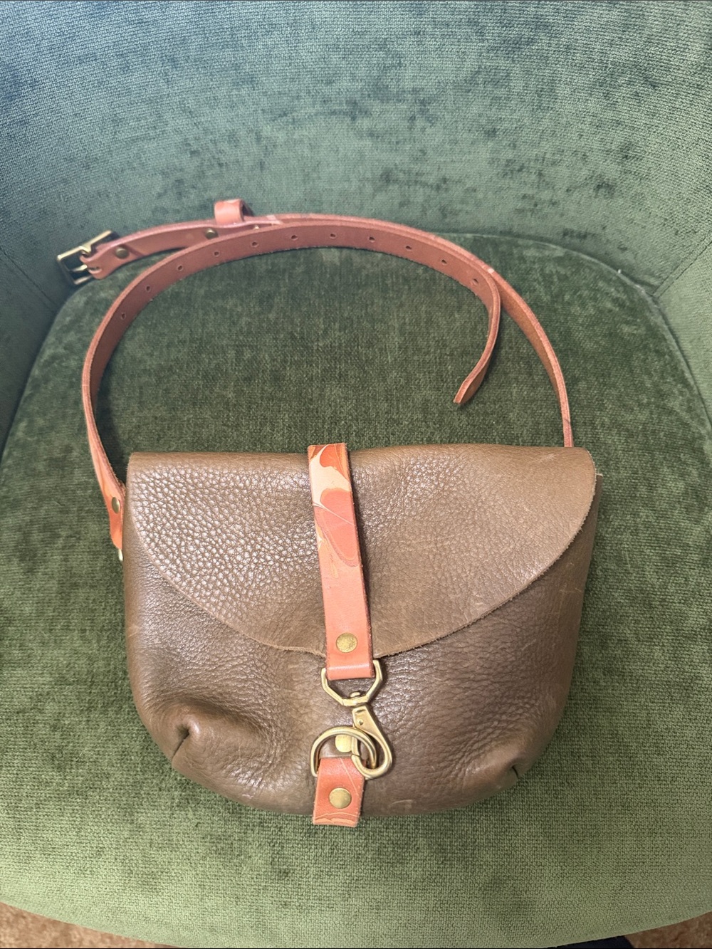 Olive Green/Brown Leather Crossbody Bag with Tan Strap